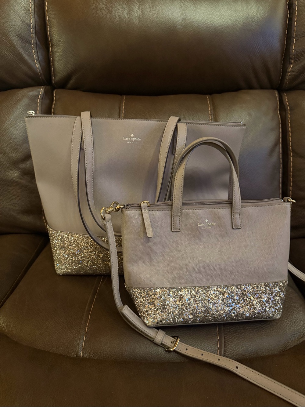 kate spade taupe tote and glitter-trim crossbody set